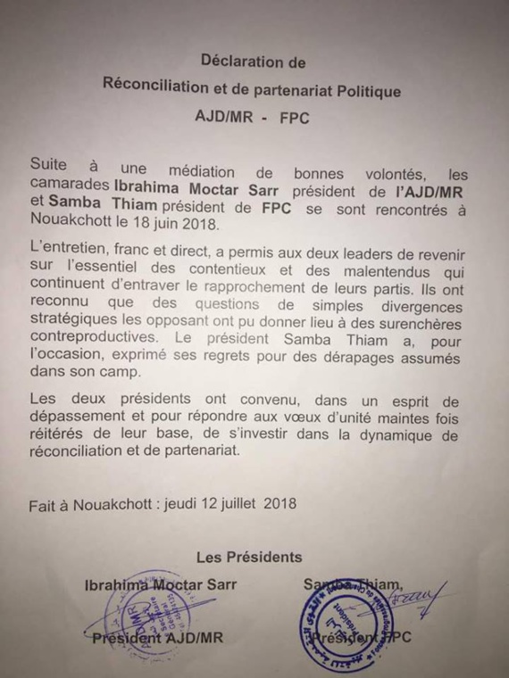 Un grand bravo aux présidents Ibrahima Moctar Sarr et Samba Thiam pour leur sens des enjeux et l'Histoire.