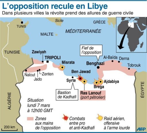 Carte de localisation des combats entre pro et anti-Kadhafi Deux raids aériens ont visé dans la matinée le port pétrolier stratégique de Ras Lanouf, pris vendredi par l’insurrection à 300 km au sud-ouest de Benghazi AFP - Carte de localisation des combats entre pro et anti-Kadhafi Deux raids aériens ont visé dans la matinée le port pétrolier stratégique de Ras Lanouf, pris vendredi par l’insurrection à 300 km au sud-ouest de Benghazi AFP -