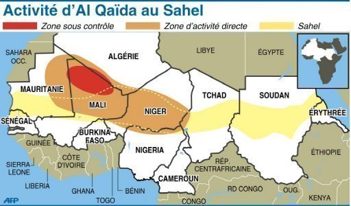 Carte délimitant le Sahel et situant le sanctuaire et la zone d’activité directe d’Al Qaïda dans la région Carte délimitant le Sahel et situant le sanctuaire et la zone d’activité directe d’Al Qaïda dans la région