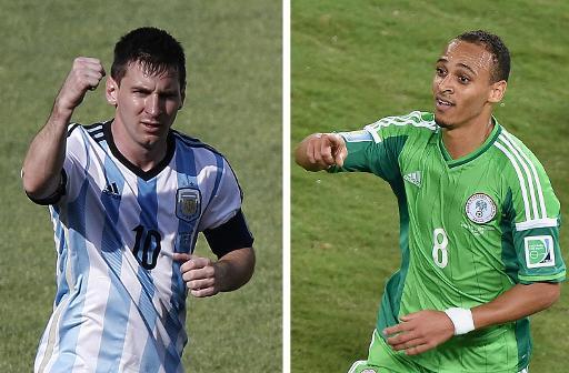 Un montage de photos représentant à gauche la star argentine Lionel Messi, buteur à Belo Horizonte contre l'Iran le 21 juin 2014 et à droite Peter Odemwingie, le buteur nigérian face à la Bosnie, le 21 juin 20144 à Cuiaba Un montage de photos représentant à gauche la star argentine Lionel Messi, buteur à Belo Horizonte contre l'Iran le 21 juin 2014 et à droite Peter Odemwingie, le buteur nigérian face à la Bosnie, le 21 juin 20144 à Cuiaba