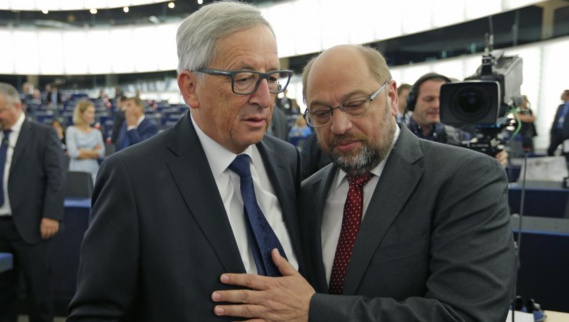 Jean-Claude Juncker (g.), président de la Commssion européenne, et Martin Schulz, président du Parlement européen, ce 9 septembre à Strasbourg. Jean-Claude Juncker (g.), président de la Commssion européenne, et Martin Schulz, président du Parlement européen, ce 9 septembre à Strasbourg.
