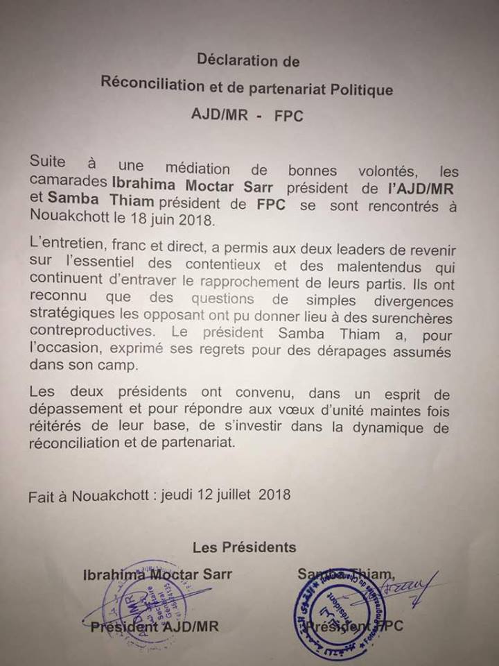 Un grand bravo aux présidents Ibrahima Moctar Sarr et Samba Thiam pour leur sens des enjeux et l'Histoire.