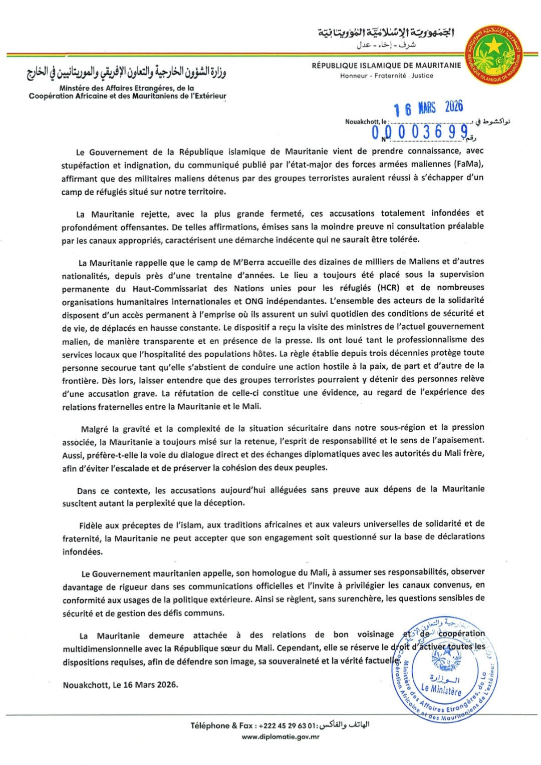 Mauritanie–Mali : Nouakchott rejette des accusations sur la présence de militaires maliens au camp de M’Berra